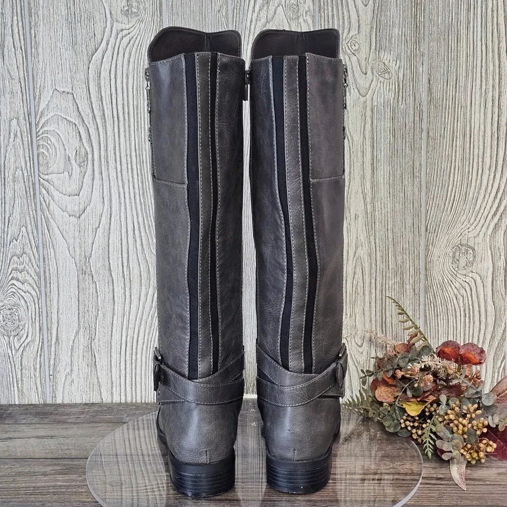 G by GUESS Tall Riding Boots‎ Gray Faux Leather Buckle Zip Women's 7.5M